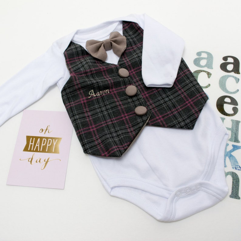 Plaid Mock Vest Keepsake Bodysuit Embroidery Name