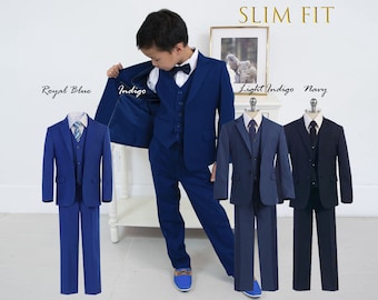 Toddler to Teen Boy Slim Fit 7-Piece Blue Suit, Royal Blue, Indigo, Light Indigo, Navy, Wedding Ring Bearer, Graduation, Prom 30% Sales