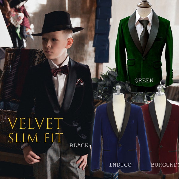 Boy Slim Fit Velvet Blazer, Black Satin Shawl Lapel, Black Indigo Burgundy Green, Wedding Ring Bearer Prom Graduation 50% Sales