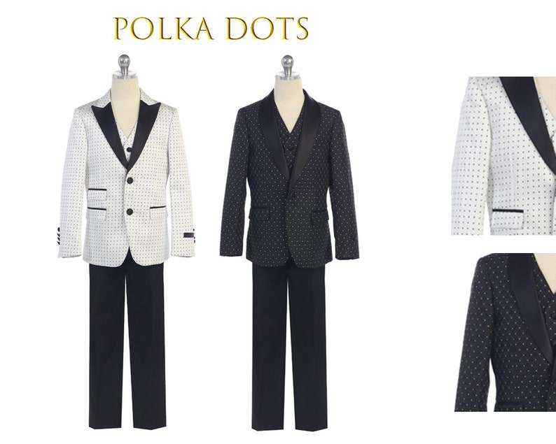 Little to Big Boy Slim Fit Fancy Novelty 3-Piece Tuxedo Suit Polka Dot Wedding Ring Bearer Black White Floral Jacquard Size 1-16 Prom