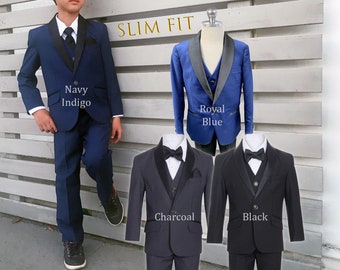 Toddler to Teen Boy Slim Fit Blue Tuxedo Black Satin Shawl Lapel, Black, Charcoal, Navy Indigo, Royal Blue, Wedding Ring Bearer 10% Sales