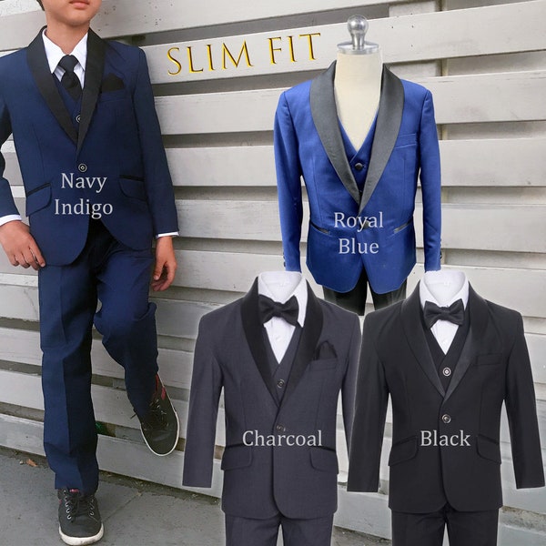 Toddler to Teen Boy Slim Fit Blue Tuxedo Black Satin Shawl Lapel, Black, Charcoal, Navy Indigo, Royal Blue, Wedding Ring Bearer 10% Sales