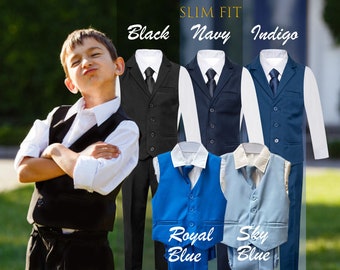 Baby 6 months to Boy 16 Slim Fit Vest Shirt Pants Tie Set, Black, Indigo, Navy, Wedding Ring Bearer, Formal Wear, Birthday, 10% Sales