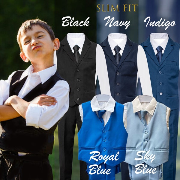 Baby 6 months to Boy 16 Slim Fit Vest Shirt Pants Tie Set, Black, Indigo, Navy, Wedding Ring Bearer, Formal Wear, Birthday, 10% Sales