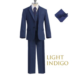 Boy Slim Fit 7-piece Suit Jacket Vest Pants Shirt Tie Bow-Tie Hanky, Indigo Navy Royal Blue, Sky Blue, Wedding Ring Bearer, Prom 30% Sales Light Indigo