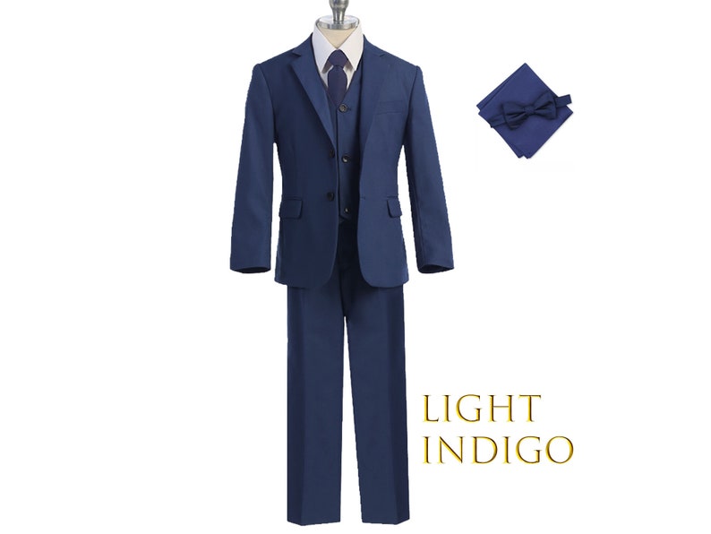 Boy Slim Fit 7-piece Suit Jacket Vest Pants Shirt Tie Bow-Tie Hanky, Indigo Navy Royal Blue, Sky Blue, Wedding Ring Bearer, Prom 30% Sales Light Indigo