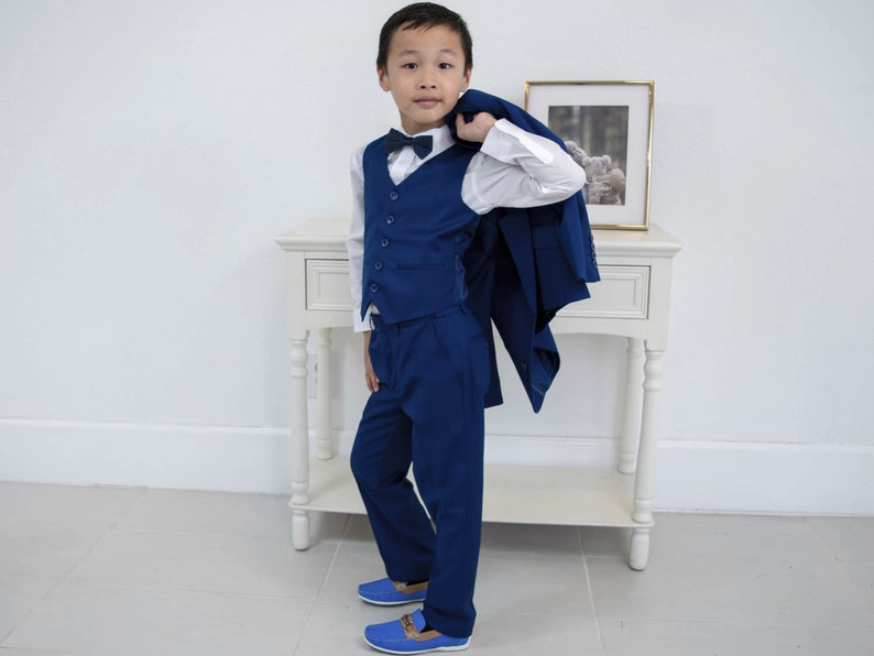 Boy Slim Fit 7-piece Suit Jacket Vest Pants Shirt Tie Bow-Tie Hanky, Indigo Navy Royal Blue, Sky Blue, Wedding Ring Bearer, Prom 30% Sales 画像 8