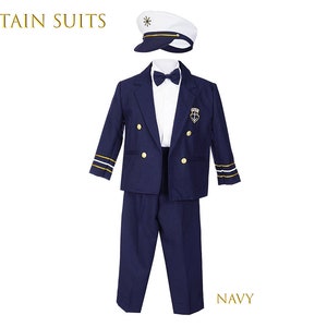 Boys Nautical Marine Captain 5 pieces Suit with Navy White: Jacket, Pants Shirt Cap Bow-Tie, Birthday Party, Size 1-7, 10% Sales Navy