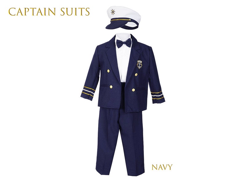 Boys Nautical Marine Captain 5 pieces Suit with Navy White: Jacket, Pants Shirt Cap Bow-Tie, Birthday Party, Size 1-7, 10% Sales Navy