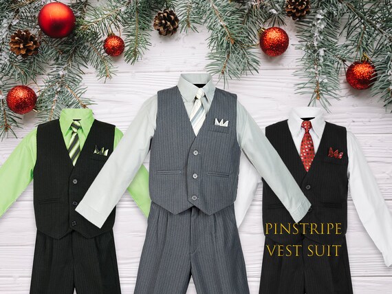 Shirt Hanky Formal Wedding Boy/'s PINSTRIPED Vest Pant Set 5-Piece with Tie