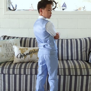 Boy Slim Fit 7-piece Suit Jacket Vest Pants Shirt Tie Bow-Tie Hanky, Indigo Navy Royal Blue, Sky Blue, Wedding Ring Bearer, Prom 30% Sales 画像 4