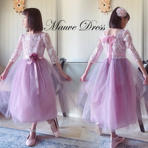 Girl Mauve Lilac Purple Floral Lace Tulle, Deep V Back 3/4 Sleeve Tea Length Dress, Pageant Wedding Flower Girl 20% SALES