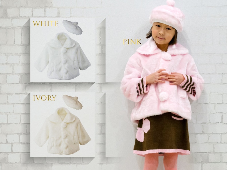 Pink White Ivory 1-5 Toddler to Girl Cute Faux Fur Bolero Coat Jacket with Pompom Beret Hat