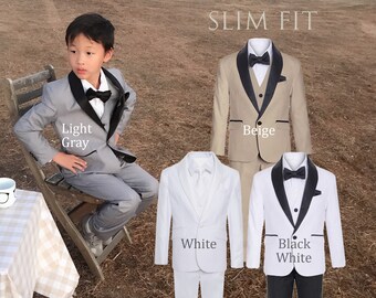 Toddler to Teen Boy Slim Fit Premium 7-Piece Suit Tuxedo Black Satin Shawl Lapel, Beige, Grey, White Black, Wedding Ring Bearer 10% Sales