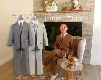 Boy To Teen 5-piece Linen Suit, Lightweight Comfort, Gray, Brown, Wedding Ring Bearer, Birthday Party, Special Occasion