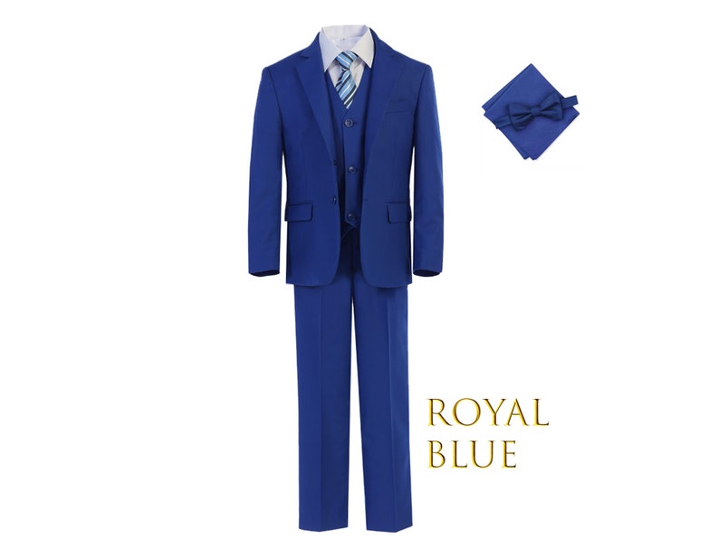 Boy Slim Fit 7-piece Suit Jacket Vest Pants Shirt Tie Bow-Tie Hanky, Indigo Navy Royal Blue, Sky Blue, Wedding Ring Bearer, Prom 30% Sales Royal Blue