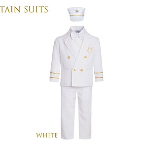 Boys Nautical Marine Captain 5 pieces Suit with Navy White: Jacket, Pants Shirt Cap Bow-Tie, Birthday Party, Size 1-7, 10% Sales White