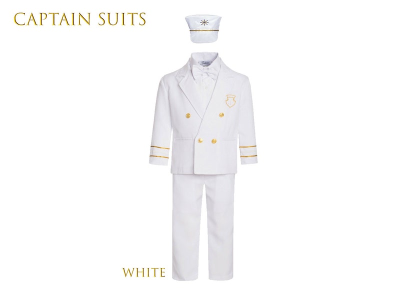 Boys Nautical Marine Captain 5 pieces Suit with Navy White: Jacket, Pants Shirt Cap Bow-Tie, Birthday Party, Size 1-7, 10% Sales White