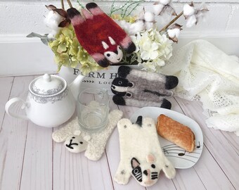 Handmade Felted Wool Animal Shaped Coaster, Dog Raccoon Sheep Squirrel, Mug Cup Glass, Cold Hot Drink Tea Coffee, Gift Dinning 20% Sales