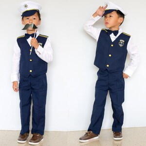 Boys Nautical Marine Captain 5 pieces Suit with Navy White: Jacket, Pants Shirt Cap Bow-Tie, Birthday Party, Size 1-7, 10% Sales image 5