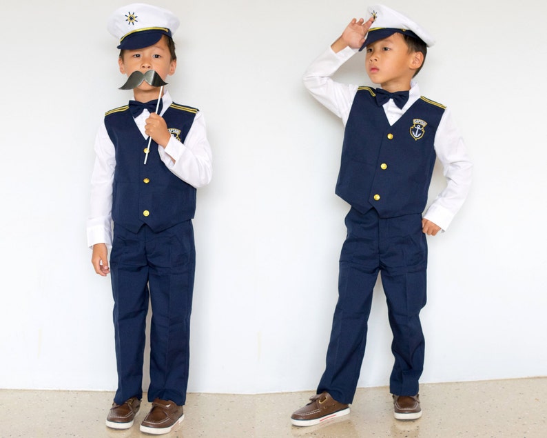 Boys Nautical Marine Captain 5 pieces Suit with Navy White: Jacket, Pants Shirt Cap Bow-Tie, Birthday Party, Size 1-7, 10% Sales image 5