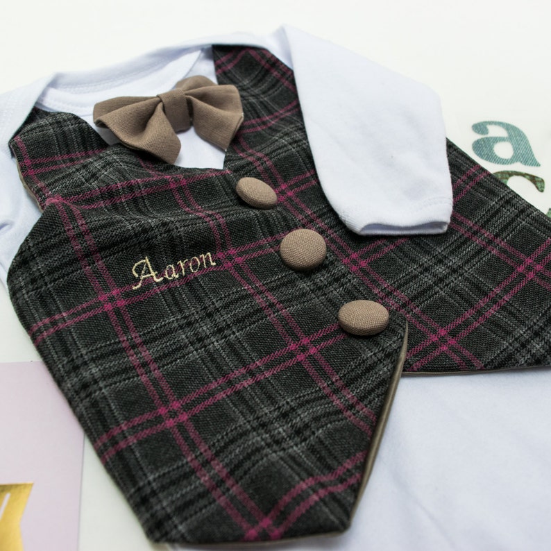 Plaid Mock Vest Keepsake Bodysuit Embroidery Name
