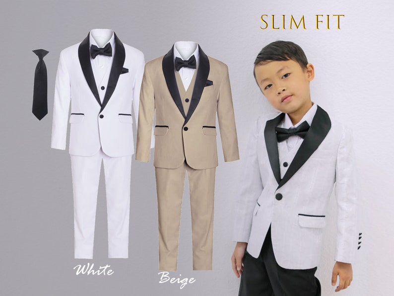 5-7pc Baby White Satin Shawl Lapel Suits Tuxedo DARK GRAY Satin Bow Necktie Vest