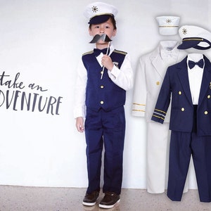 Boys Nautical Marine Captain 5 pieces Suit with Navy White: Jacket, Pants Shirt Cap Bow-Tie, Birthday Party, Size 1-7, 10% Sales image 1