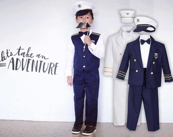 Boys Nautical Marine Captain 5 pieces Suit with Navy White: Jacket, Pants Shirt Cap Bow-Tie, Birthday Party,  Size 1-7, 10% Sales