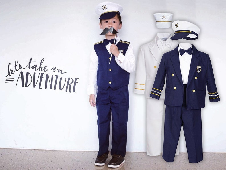 Boys Nautical Marine Captain 5 pieces Suit with Navy White: Jacket, Pants Shirt Cap Bow-Tie, Birthday Party, Size 1-7, 10% Sales image 1