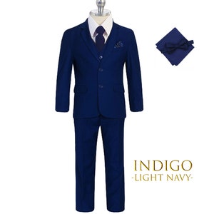 Boy Slim Fit 7-piece Suit Jacket Vest Pants Shirt Tie Bow-Tie Hanky, Indigo Navy Royal Blue, Sky Blue, Wedding Ring Bearer, Prom 30% Sales Indigo (Light Navy)