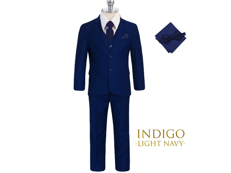 Boy Slim Fit 7-piece Suit Jacket Vest Pants Shirt Tie Bow-Tie Hanky, Indigo Navy Royal Blue, Sky Blue, Wedding Ring Bearer, Prom 30% Sales Indigo (Light Navy)