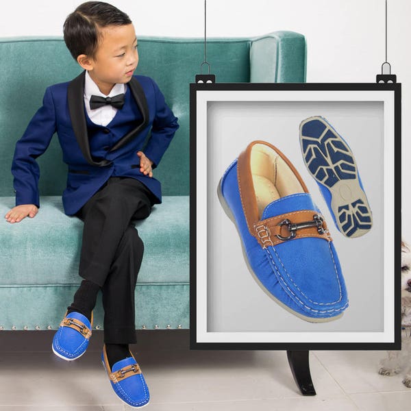 Boys Youth Size 7 Royal Blue Vegan Faux Leather Loafer Shoes, Wedding Ring Bearer Special Occasion