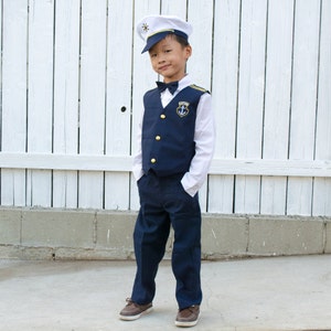 Boys Nautical Marine Captain 5 pieces Suit with Navy White: Jacket, Pants Shirt Cap Bow-Tie, Birthday Party, Size 1-7, 10% Sales image 6