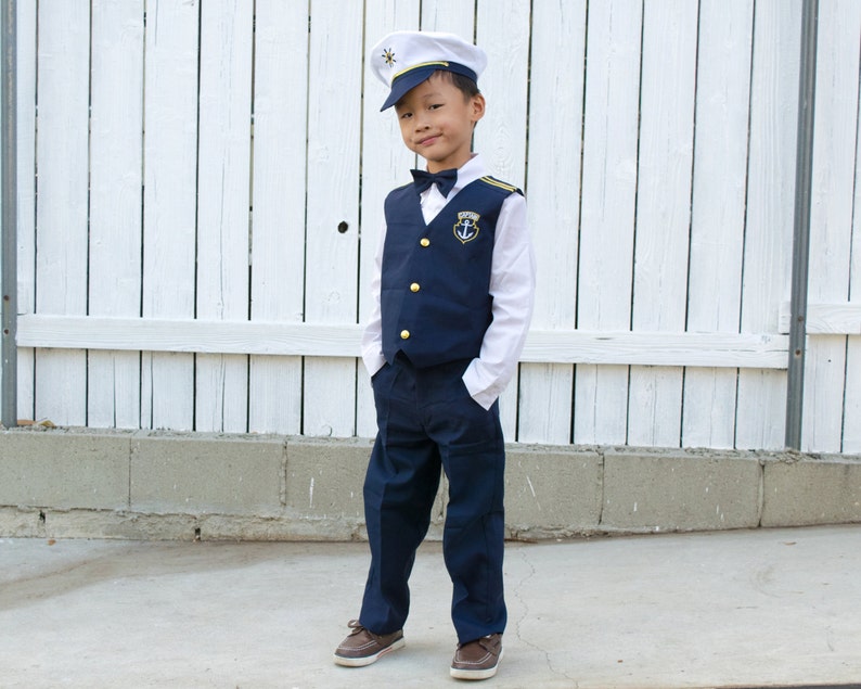 Boys Nautical Marine Captain 5 pieces Suit with Navy White: Jacket, Pants Shirt Cap Bow-Tie, Birthday Party, Size 1-7, 10% Sales image 6