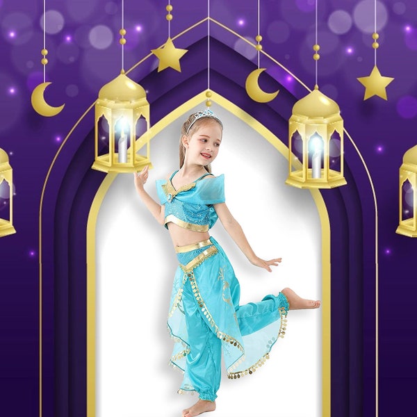 Ensemble 2 pièces fille princesse jasmin, turquoise turquoise, robe de costume d'Aladin, danse, fête d'Halloween, reconstitution historique, occasions spéciales, 30 % de réduction