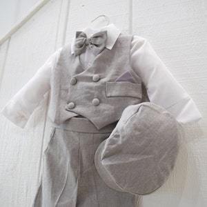 Baby Boy Retro Newsboy 5 piece Natural Linen Vest Suit Set, Gray Beige Black Charcoal White, Baptism Christening Wedding Ring Bearer image 3