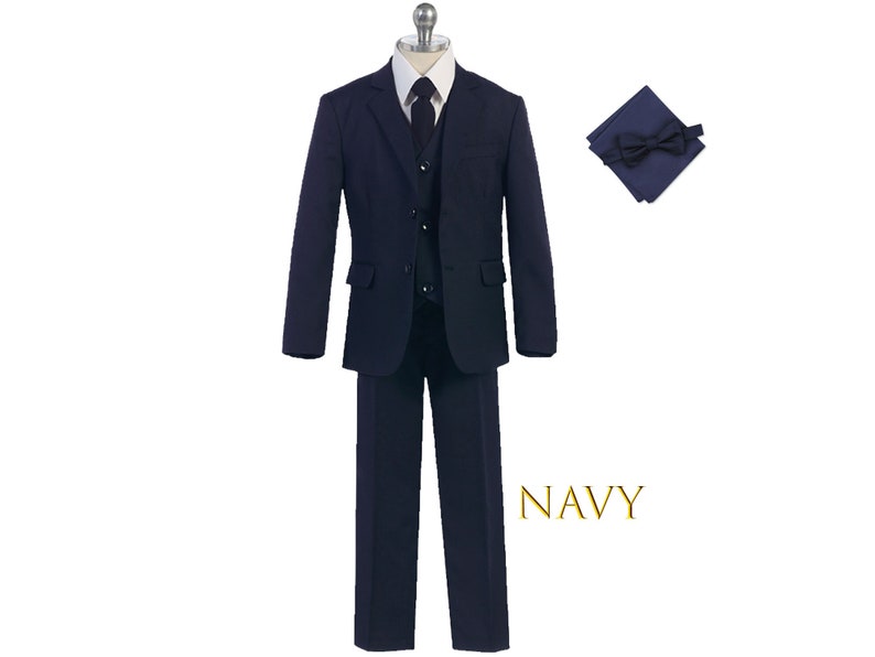 Boy Slim Fit 7-piece Suit Jacket Vest Pants Shirt Tie Bow-Tie Hanky, Indigo Navy Royal Blue, Sky Blue, Wedding Ring Bearer, Prom 30% Sales Navy