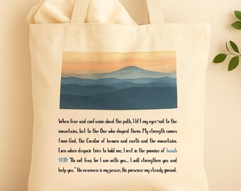 Isaiah 41:10 Christian Cotton Canvas Tote Bag with Scenic Design, Gift for him or her, Bible Verse EcoFriendly Shopping Bag For Men or Women
