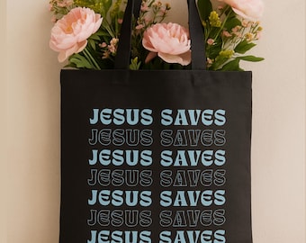 Jesus Saves Tote Bag: Black Cotton Canvas Eco-Friendly Shopping Bag