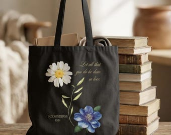 Vintage Botanical Daisy and Blue Floral Canvas Tote Bag | 1 Corinthian 16:14 Bible Verse