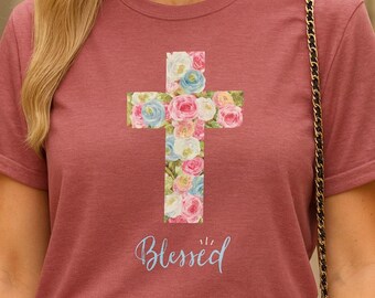 Blessed Floral Cross T-Shirt: Christian Faith Tee, Religious Gift