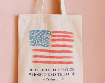 American Flag Cotton Canvas Tote Bag, Psalm 33:12, Patriotic Gift