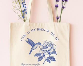 Christian Tote Bag, Matthew 6:26 bible verse, Eco-Friendly Shopping Bag, Chinoiserie Gift, Reusable Grocery Tote, Beach Bag