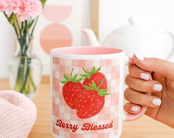 Strawberry Gingham Ceramic Coffee Mug: Berry Blessed Christian Decor