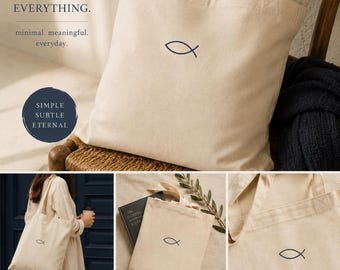 Minimal Ichthys Jesus Fish Tote Bag | Canvas Grocery Book Bag Gift Church