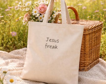 Jesus freak Tote Bag | minimal handwritten text, natural canvas, faith based gift, church carryall