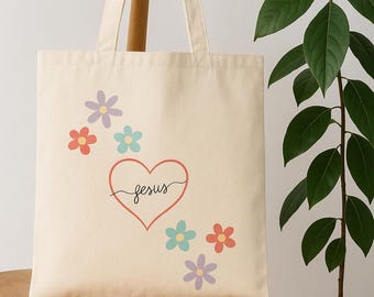 Jesus Floral Cotton Canvas Tote Bag: Christian Church Grocery Shopping
