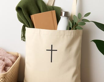 Minimalist Cross Cotton Canvas Tote Bag: Christian Faith Gift