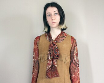 Vintage 70s Tan Suede 'Wapiti' Mini Dress with Fringing - Extra Small/Small